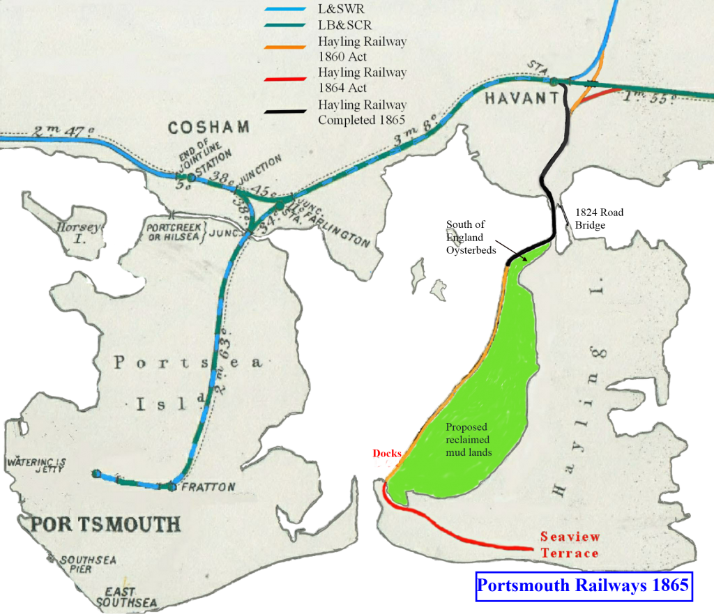 This image is a map, similar to the previous map, which shows the state of construction by 1865. The Brighton and Waterloo connections are replaced by by a connection to Havant. The railway was completed to Langstone, the railway bridge was completed and a short stretch along the embankment in Langstone Harbour. The docks scheme was uncertain and a new Act of Parliament in 1864 authorised an extension, from the docks, to Southsea Terrace. This was to try and capture the passenger market.